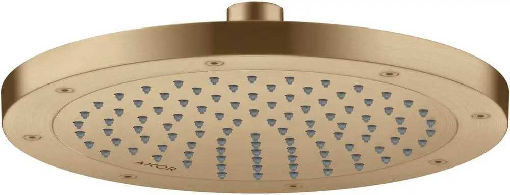 Runde Kopfbrause in gebürstetem Bronze von AXOR, ausgestattet mit mehreren Düsen für einen gleichmäßigen Wasserfluss.